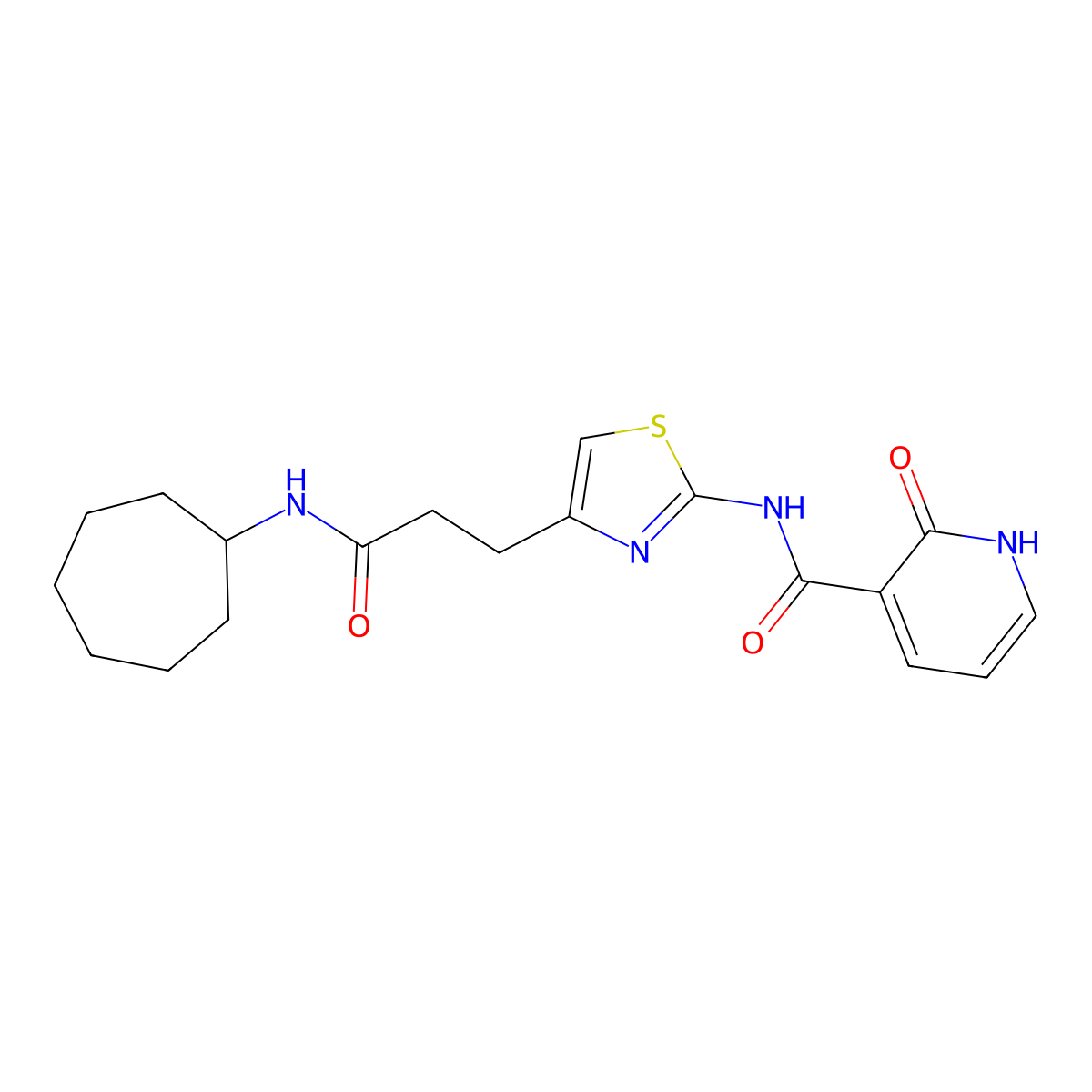 N-{4-[2-(cycloheptylcarbamoyl)ethyl]-1,3-thiazol-2-yl}-2-oxo-1,2-dihydropyridine-3-carboxamide molecular structure, CAS 1040668-18-5