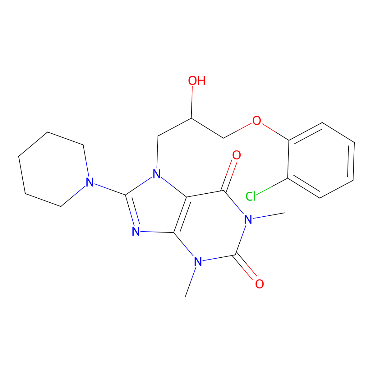 7-[3-(2-chlorophenoxy)-2-hydroxypropyl]-1,3-dimethyl-8-(piperidin-1-yl)-2,3,6,7-tetrahydro-1H-purine-2,6-dione molecular structure, CAS 1040668-20-9