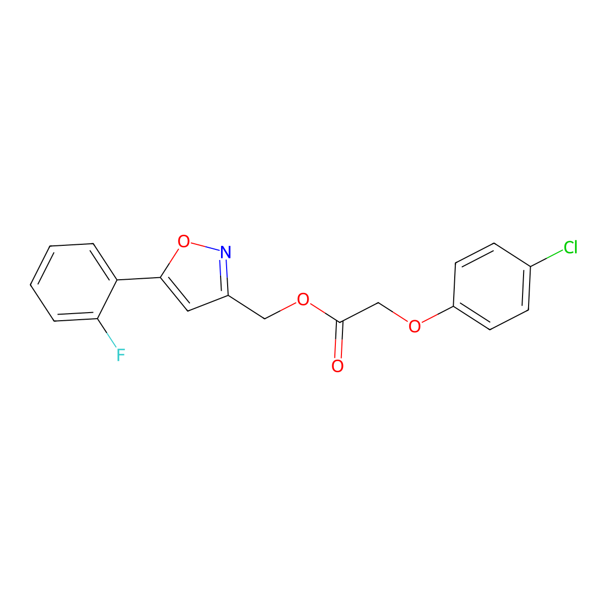 (5-(2-Fluorophenyl)isoxazol-3-yl)methyl 2-(4-chlorophenoxy)acetate molecular structure, CAS 1040668-21-0
