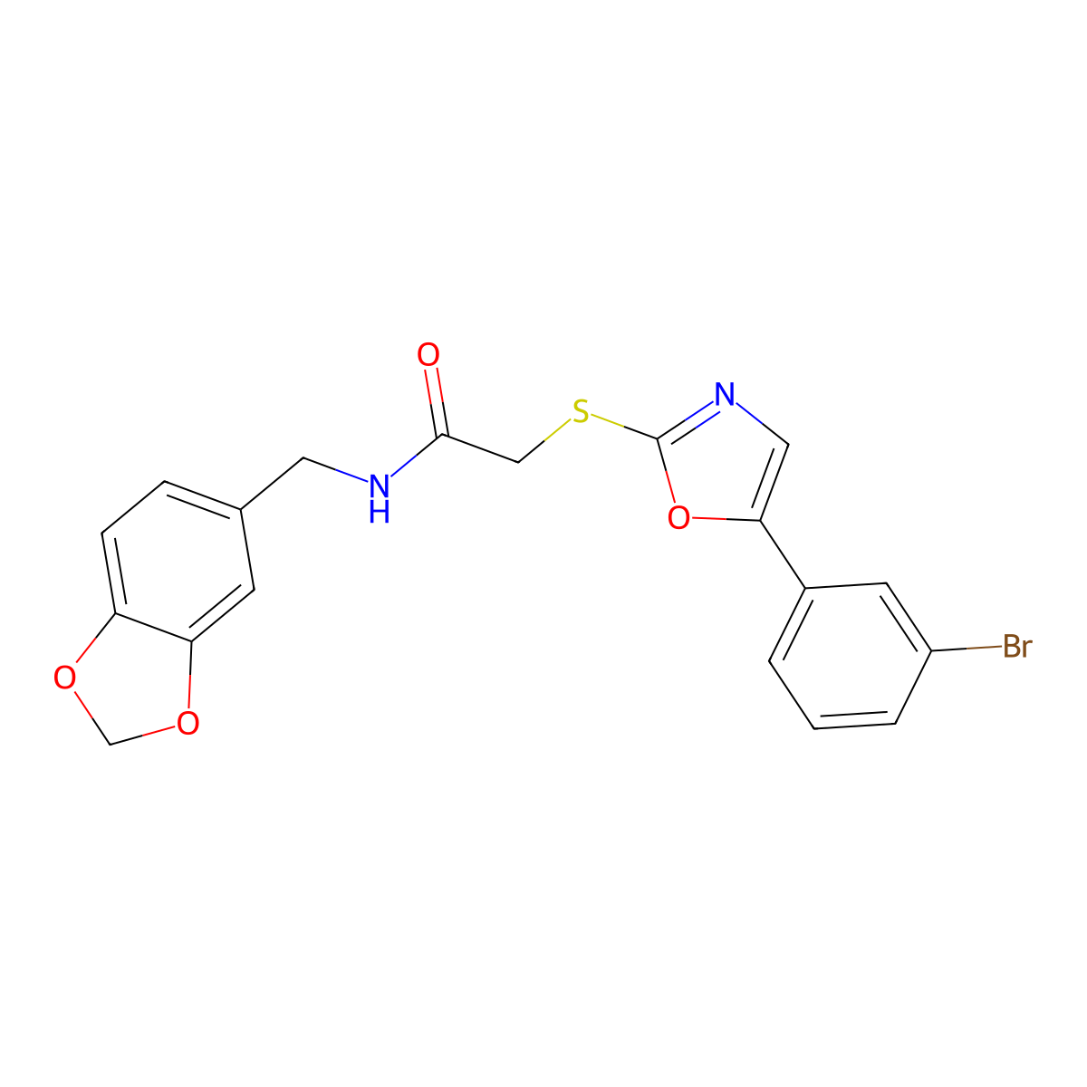 N-(benzo[d][1,3]dioxol-5-ylmethyl)-2-((5-(3-bromophenyl)oxazol-2-yl)thio)acetamide molecular structure, CAS 1040668-22-1
