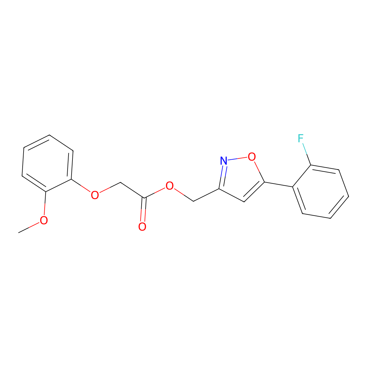 (5-(2-Fluorophenyl)isoxazol-3-yl)methyl 2-(2-methoxyphenoxy)acetate molecular structure, CAS 1040668-27-6
