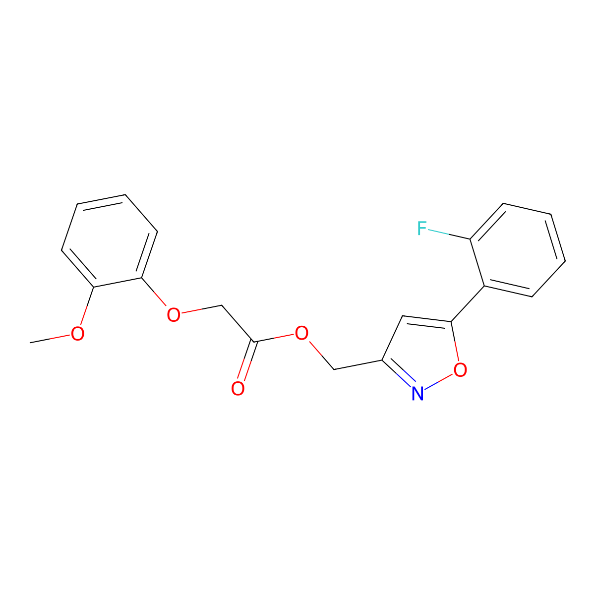 (5-(2-Fluorophenyl)isoxazol-3-yl)methyl 2-(2-methoxyphenoxy)acetate molecular structure, CAS 1040668-27-6