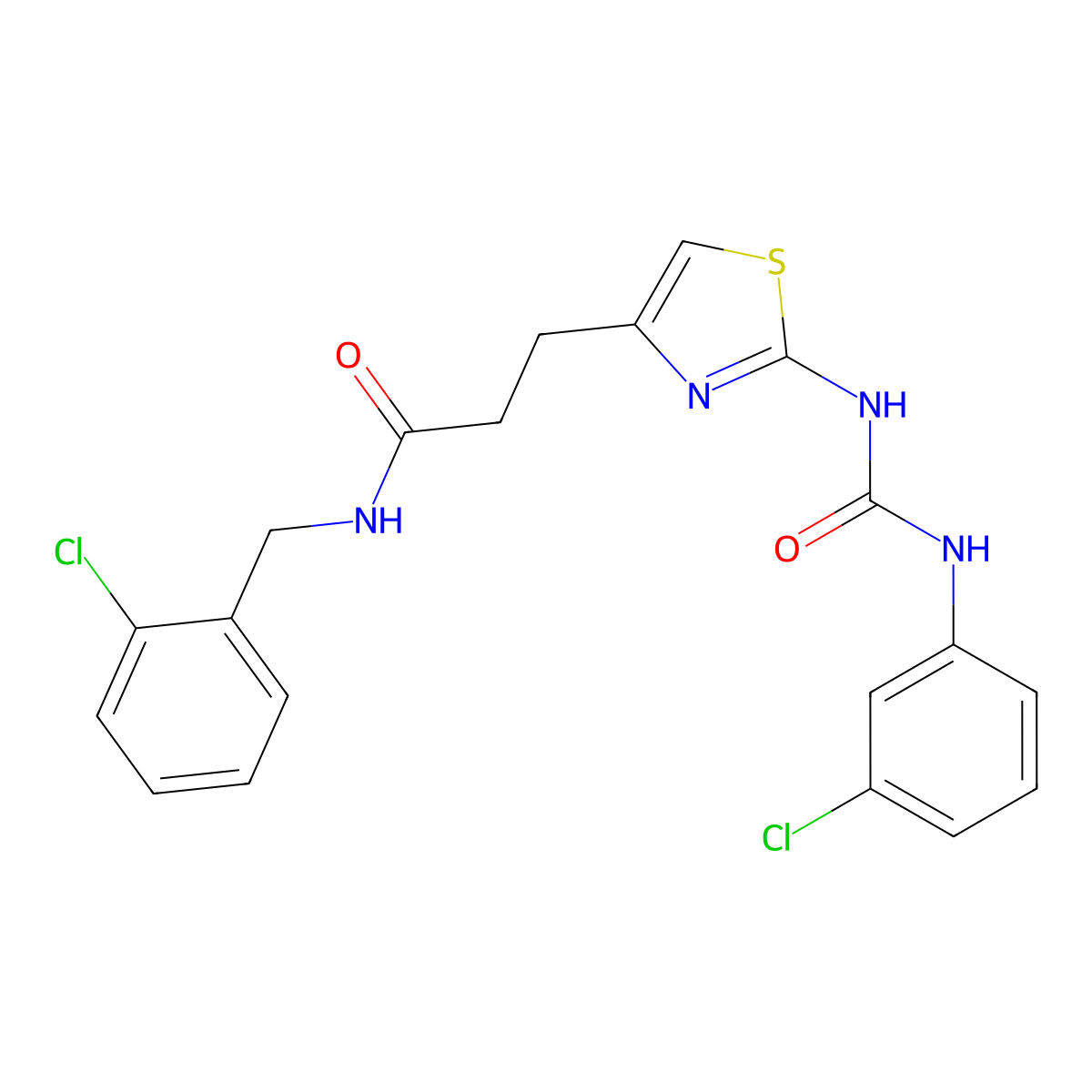 3-(2-{[(3-chlorophenyl)carbamoyl]amino}-1,3-thiazol-4-yl)-N-[(2-chlorophenyl)methyl]propanamide molecular structure, CAS 1040668-29-8
