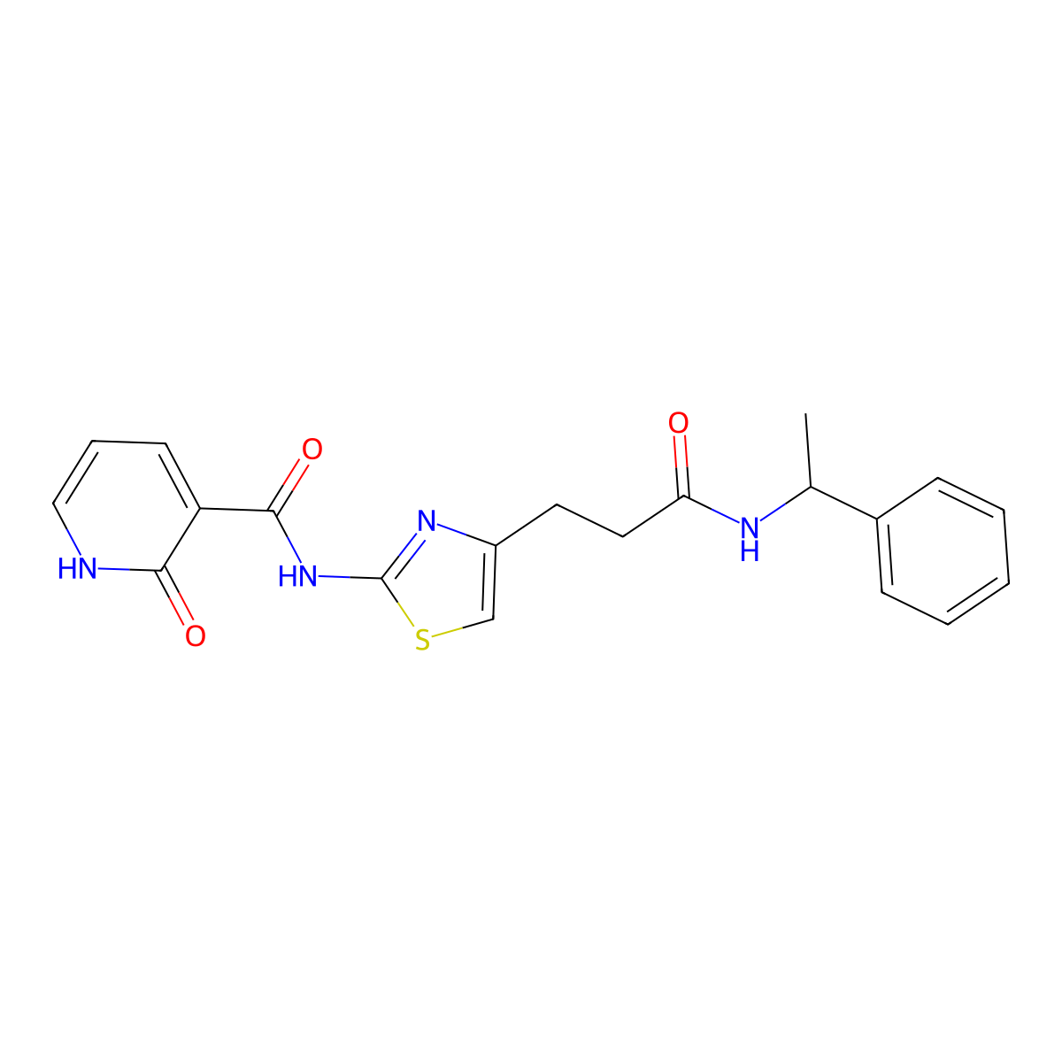 2-oxo-N-(4-(3-oxo-3-((1-phenylethyl)amino)propyl)thiazol-2-yl)-1,2-dihydropyridine-3-carboxamide molecular structure, CAS 1040668-36-7