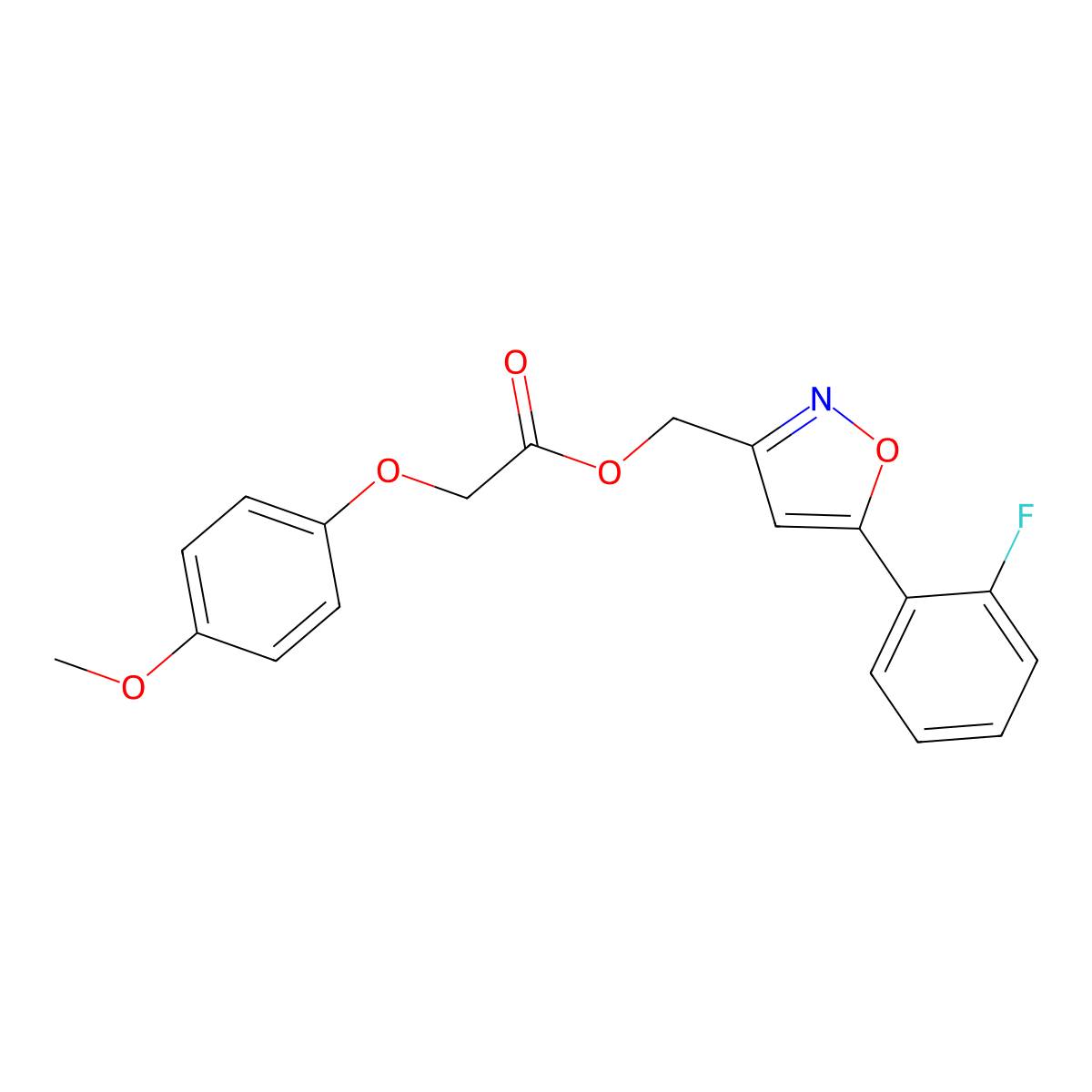 (5-(2-Fluorophenyl)isoxazol-3-yl)methyl 2-(4-methoxyphenoxy)acetate molecular structure, CAS 1040668-39-0