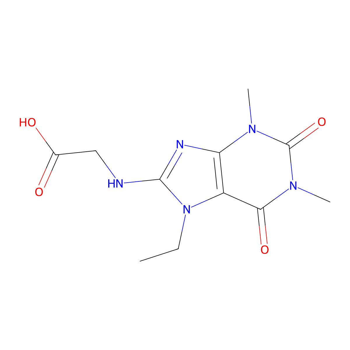 2-((7-ethyl-1,3-dimethyl-2,6-dioxo-2,3,6,7-tetrahydro-1H-purin-8-yl)amino)acetic acid molecular structure, CAS 1040668-44-7