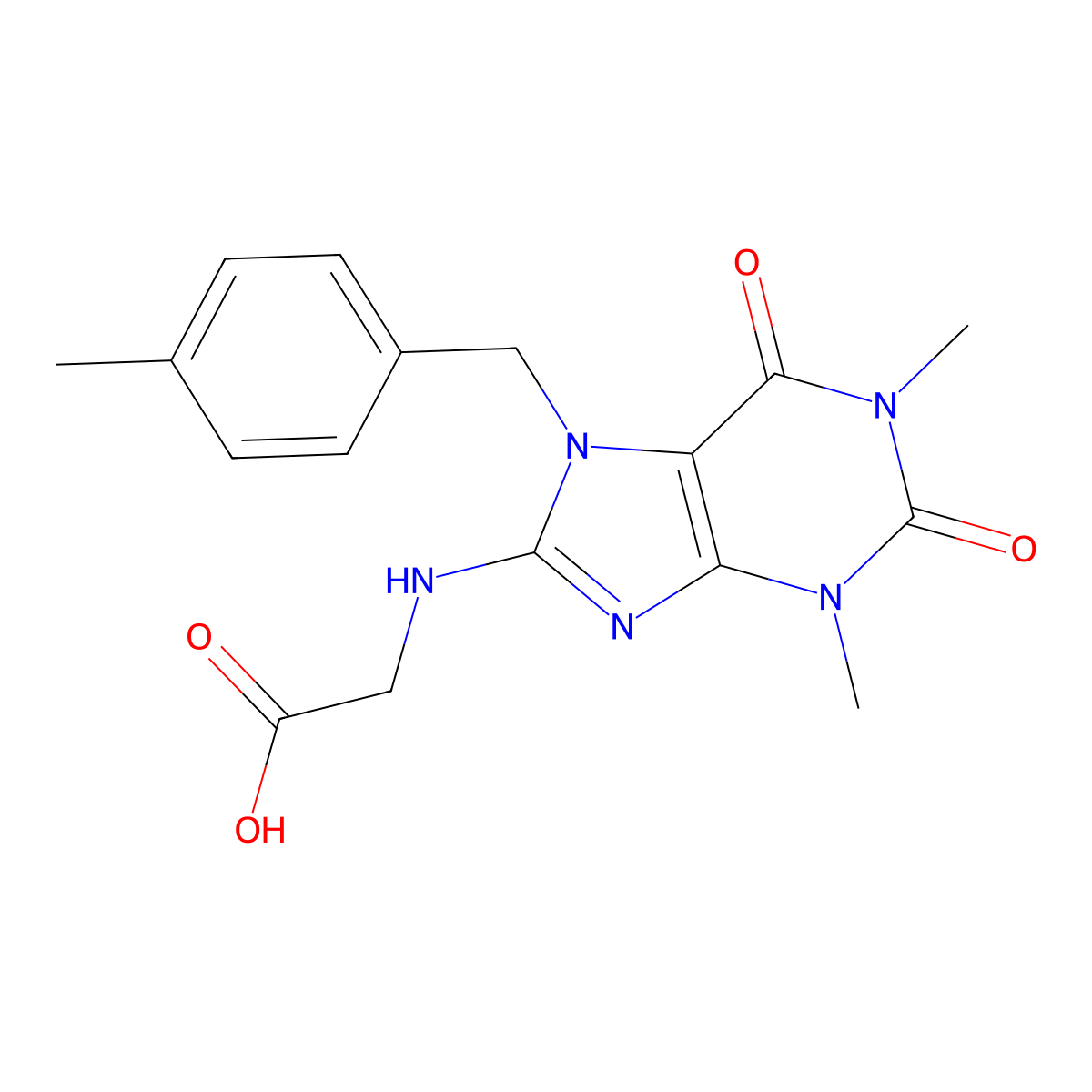 2-({1,3-dimethyl-7-[(4-methylphenyl)methyl]-2,6-dioxo-2,3,6,7-tetrahydro-1H-purin-8-yl}amino)acetic acid molecular structure, CAS 1040668-50-5