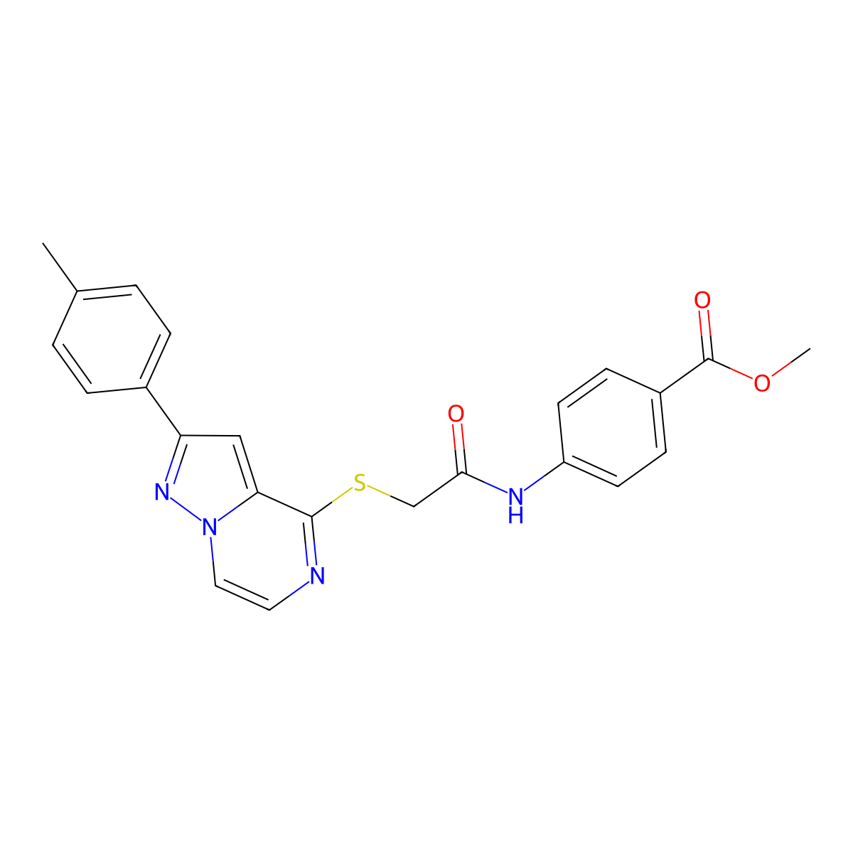 Methyl 4-(2-{[2-(4-methylphenyl)pyrazolo[1,5-A]pyrazin-4-YL]sulfanyl}acetamido)benzoate molecular structure, CAS 1040668-74-3