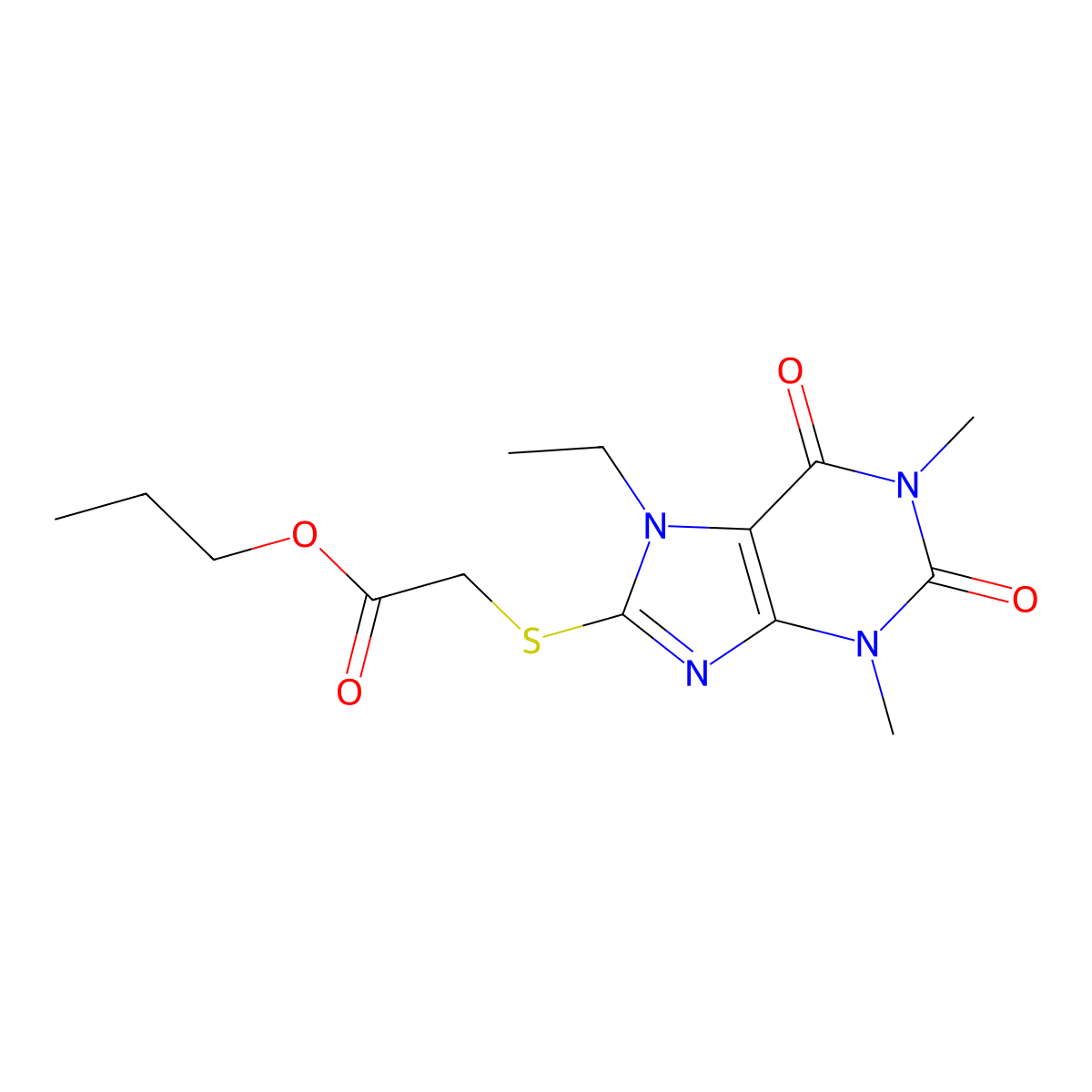 propyl 2-((7-ethyl-1,3-dimethyl-2,6-dioxo-2,3,6,7-tetrahydro-1H-purin-8-yl)thio)acetate molecular structure, CAS 1040668-78-7