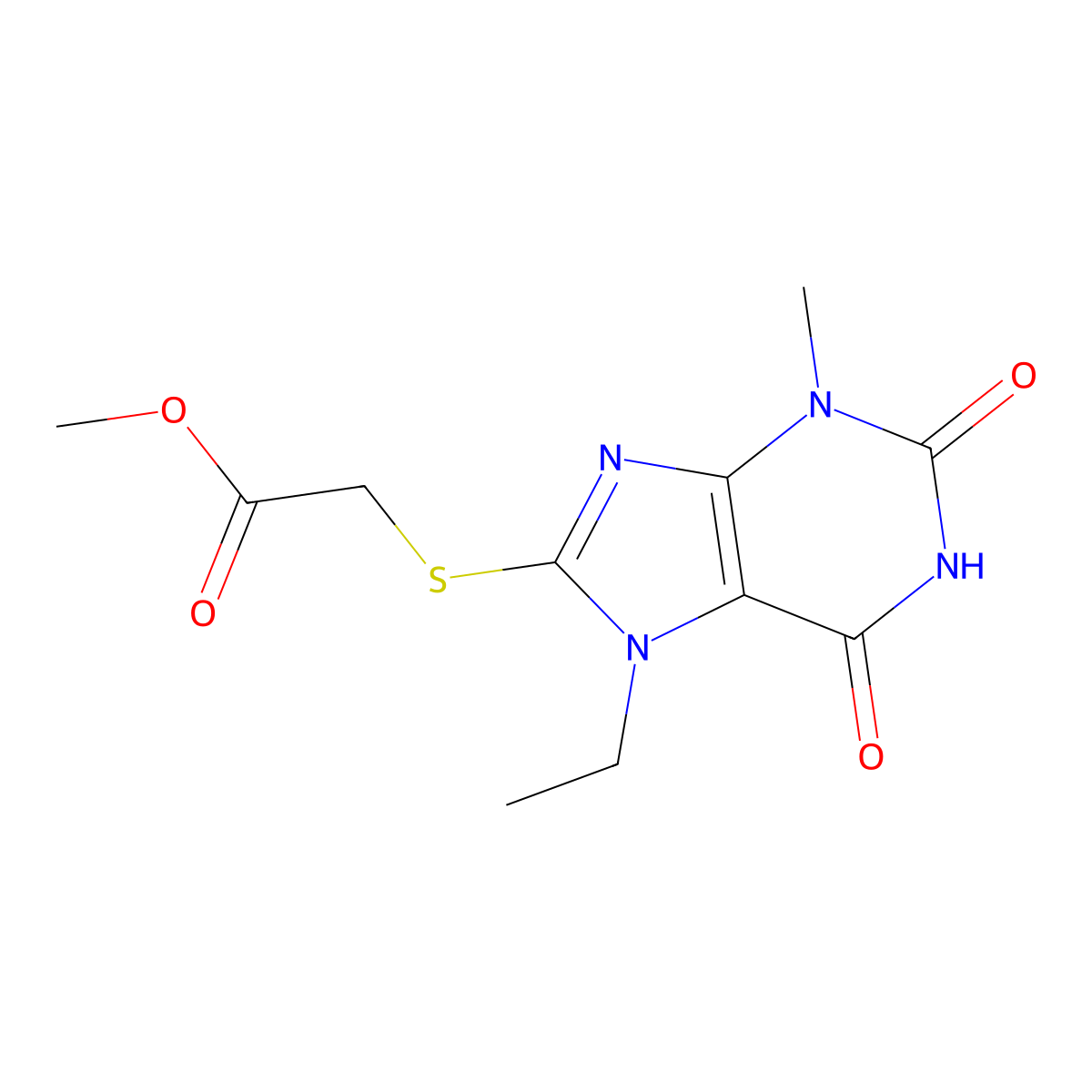 methyl 2-[(7-ethyl-3-methyl-2,6-dioxo-2,3,6,7-tetrahydro-1H-purin-8-yl)sulfanyl]acetate molecular structure, CAS 1040668-84-5