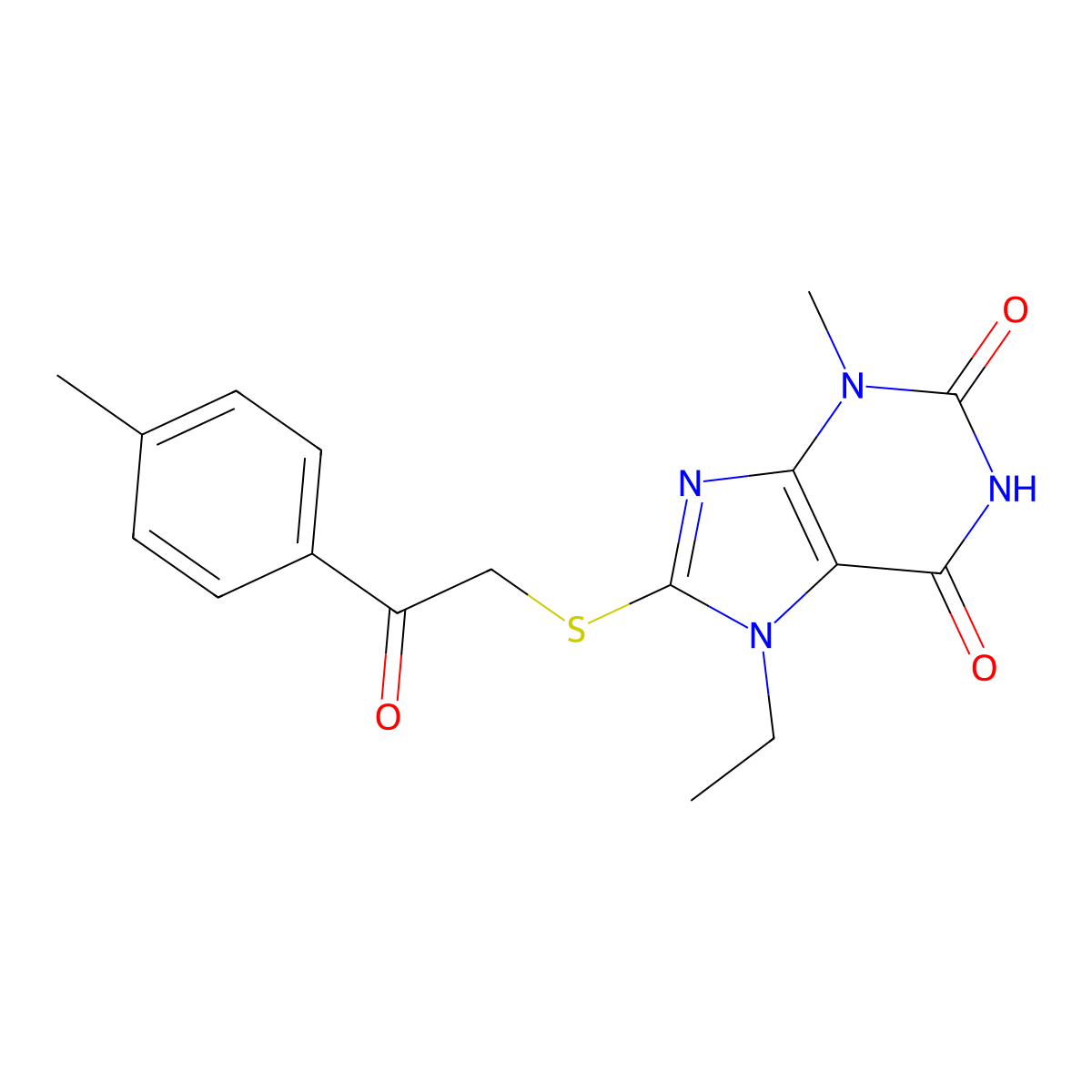 7-ethyl-3-methyl-8-{[2-(4-methylphenyl)-2-oxoethyl]sulfanyl}-2,3,6,7-tetrahydro-1H-purine-2,6-dione molecular structure, CAS 1040668-90-3