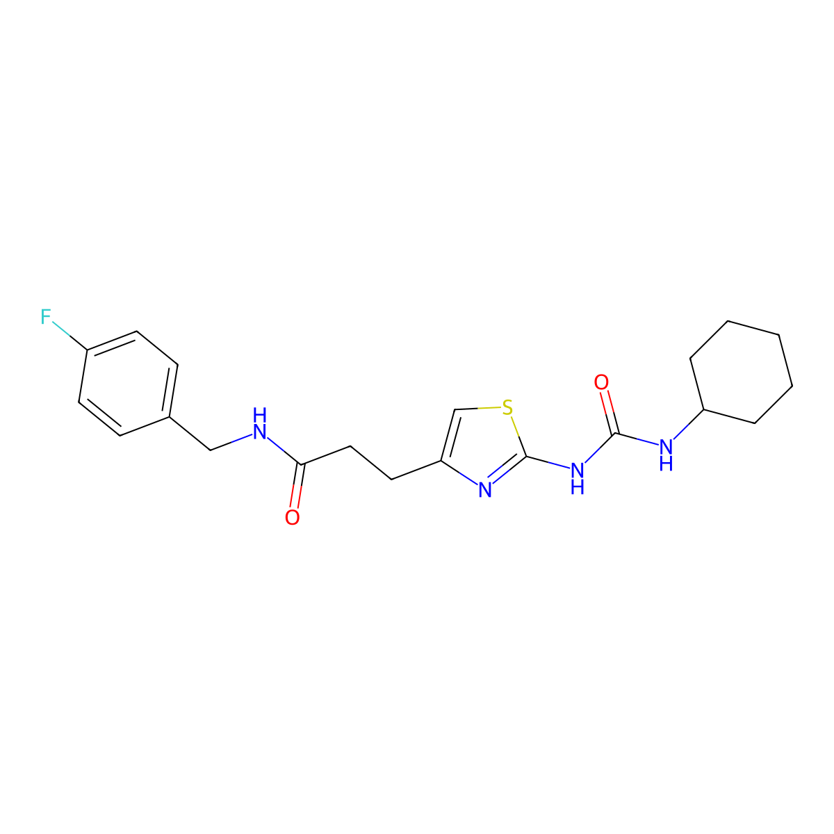 3-{2-[(cyclohexylcarbamoyl)amino]-1,3-thiazol-4-yl}-N-[(4-fluorophenyl)methyl]propanamide molecular structure, CAS 1040668-91-4