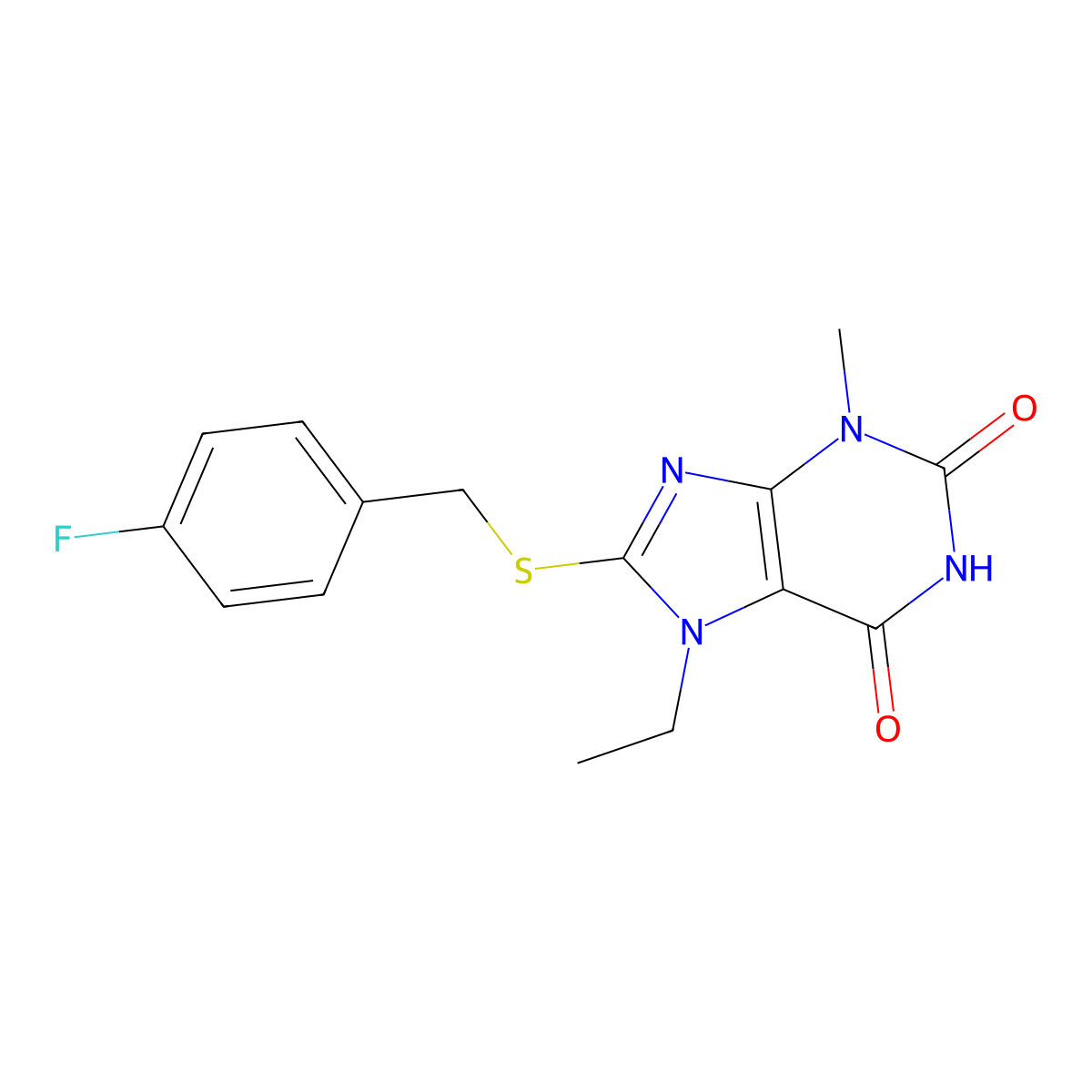 7-ethyl-8-{[(4-fluorophenyl)methyl]sulfanyl}-3-methyl-2,3,6,7-tetrahydro-1H-purine-2,6-dione molecular structure, CAS 1040668-97-0