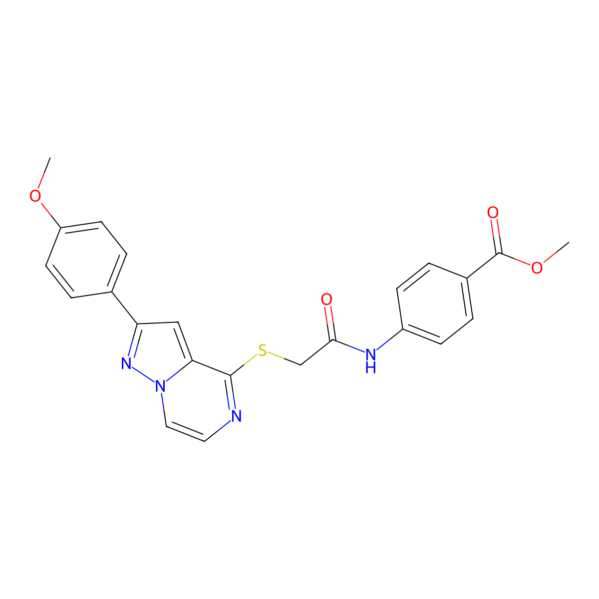 Methyl 4-(2-{[2-(4-methoxyphenyl)pyrazolo[1,5-A]pyrazin-4-YL]sulfanyl}acetamido)benzoate molecular structure, CAS 1040668-98-1