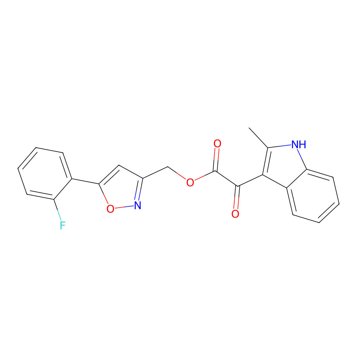 (5-(2-fluorophenyl)isoxazol-3-yl)methyl 2-(2-methyl-1H-indol-3-yl)-2-oxoacetate molecular structure, CAS 1040669-01-9