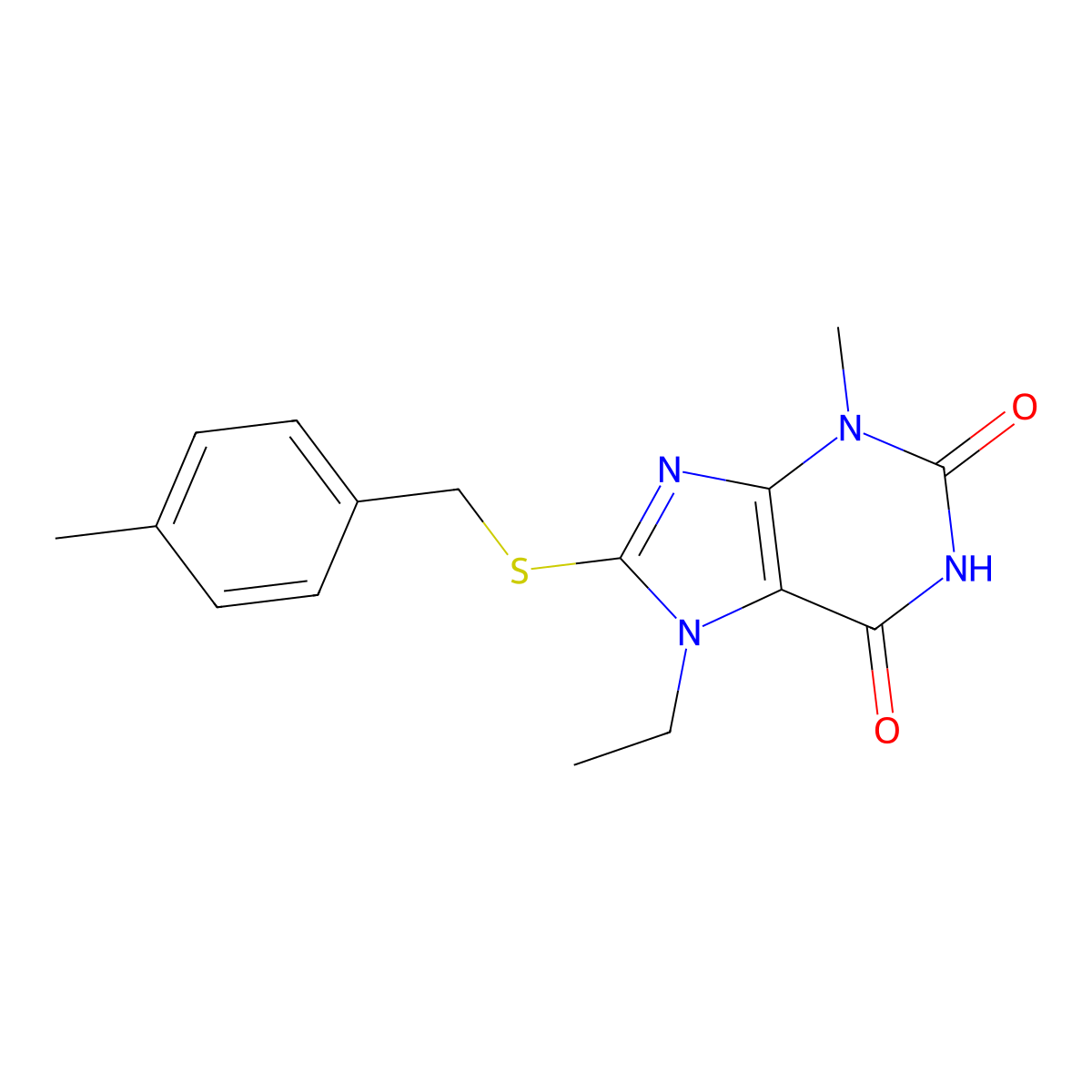7-ethyl-3-methyl-8-{[(4-methylphenyl)methyl]sulfanyl}-2,3,6,7-tetrahydro-1H-purine-2,6-dione molecular structure, CAS 1040669-04-2