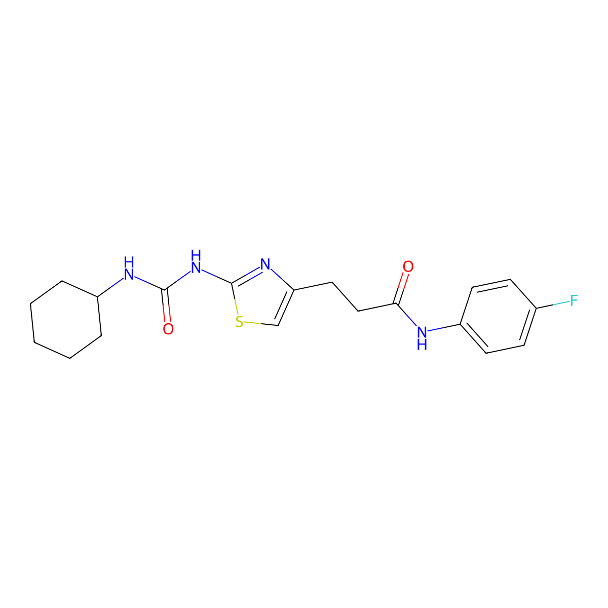 3-{2-[(cyclohexylcarbamoyl)amino]-1,3-thiazol-4-yl}-N-(4-fluorophenyl)propanamide molecular structure, CAS 1040669-08-6