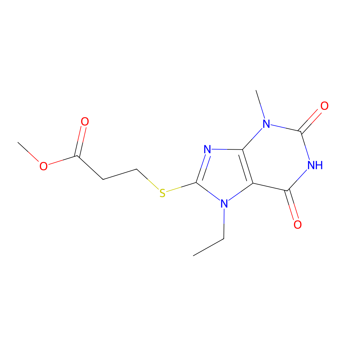 methyl 3-((7-ethyl-3-methyl-2,6-dioxo-2,3,6,7-tetrahydro-1H-purin-8-yl)thio)propanoate molecular structure, CAS 1040669-10-0