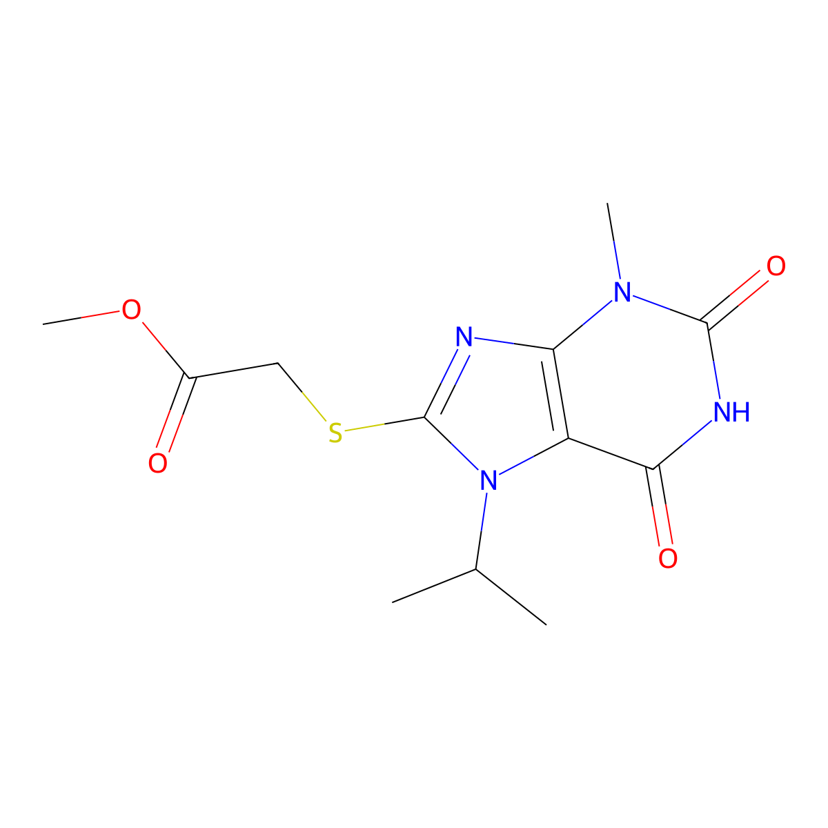 methyl 2-((7-isopropyl-3-methyl-2,6-dioxo-2,3,6,7-tetrahydro-1H-purin-8-yl)thio)acetate molecular structure, CAS 1040669-16-6