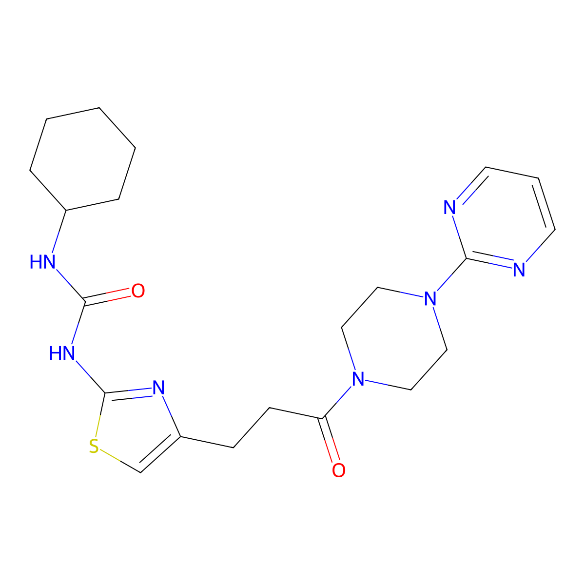 1-Cyclohexyl-3-(4-(3-oxo-3-(4-(pyrimidin-2-yl)piperazin-1-yl)propyl)thiazol-2-yl)urea molecular structure, CAS 1040669-46-2