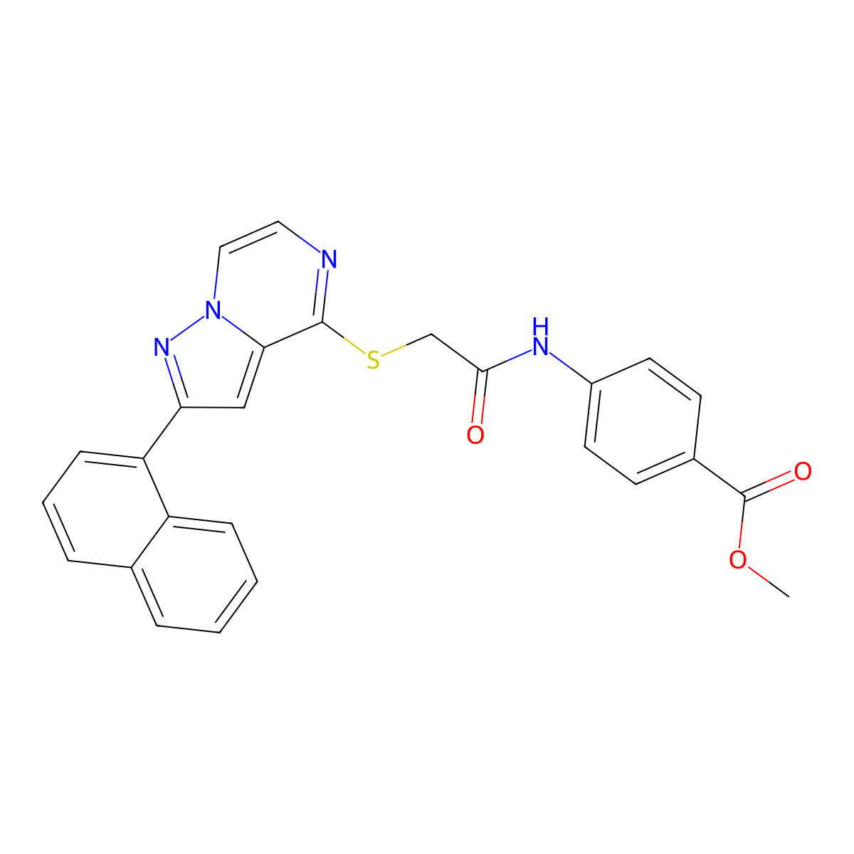 Methyl 4-(2-{[2-(naphthalen-1-YL)pyrazolo[1,5-A]pyrazin-4-YL]sulfanyl}acetamido)benzoate molecular structure, CAS 1040669-47-3