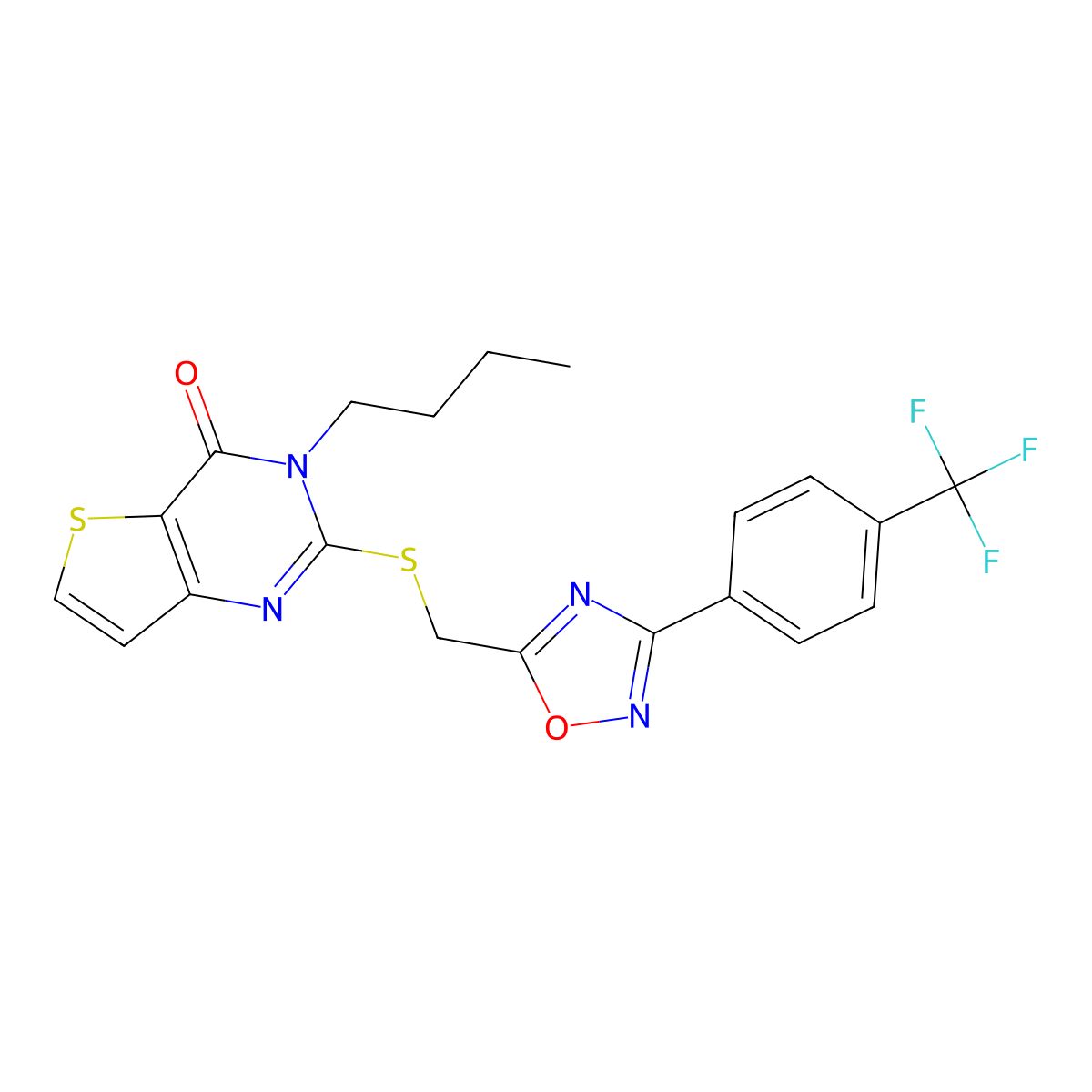 3-butyl-2-[({3-[4-(trifluoromethyl)phenyl]-1,2,4-oxadiazol-5-yl}methyl)sulfanyl]-3H,4H-thieno[3,2-d]pyrimidin-4-one molecular structure, CAS 1040669-51-9