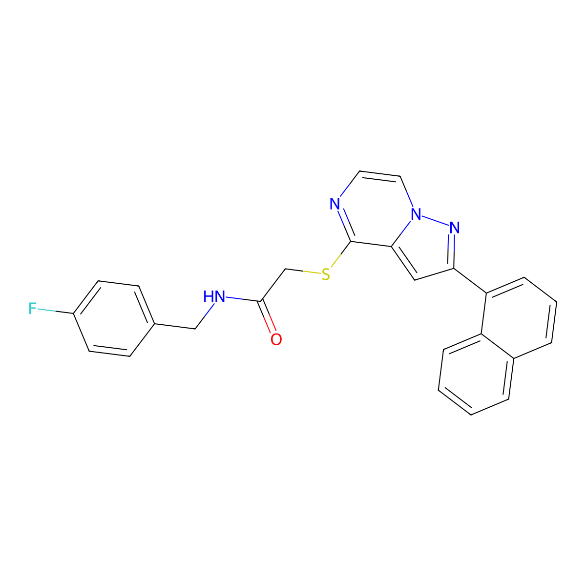 N-(4-fluorobenzyl)-2-{[2-(1-naphthyl)pyrazolo[1,5-a]pyrazin-4-yl]thio}acetamide molecular structure, CAS 1040669-64-4
