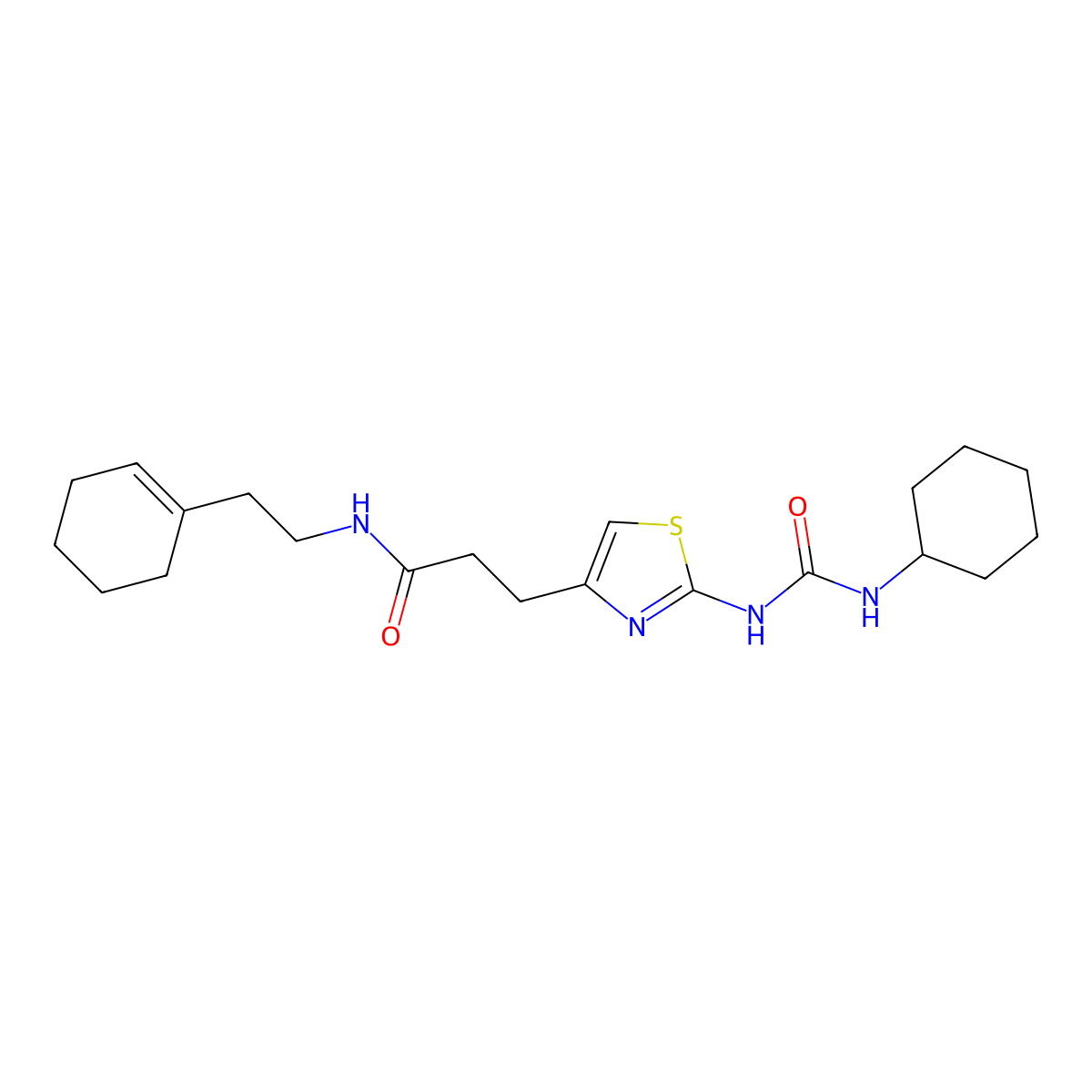 N-(2-(cyclohex-1-en-1-yl)ethyl)-3-(2-(3-cyclohexylureido)thiazol-4-yl)propanamide molecular structure, CAS 1040669-75-7