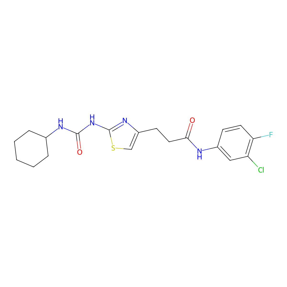 N-(3-chloro-4-fluorophenyl)-3-{2-[(cyclohexylcarbamoyl)amino]-1,3-thiazol-4-yl}propanamide molecular structure, CAS 1040670-03-8