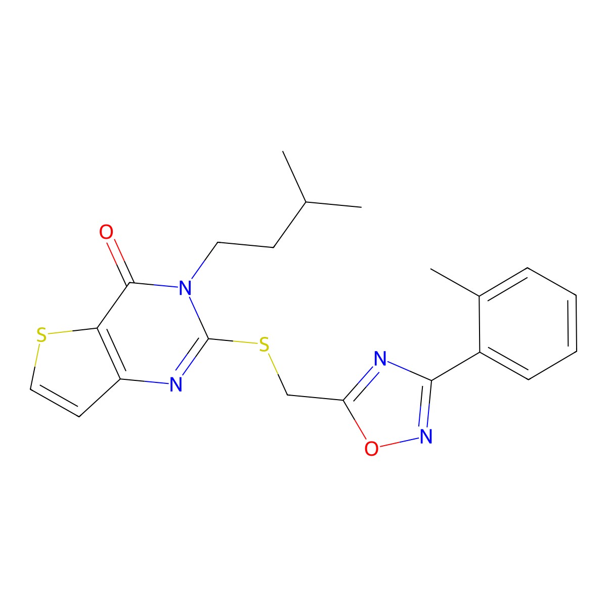 3-(3-methylbutyl)-2-({[3-(2-methylphenyl)-1,2,4-oxadiazol-5-yl]methyl}sulfanyl)-3H,4H-thieno[3,2-d]pyrimidin-4-one molecular structure, CAS 1040670-06-1