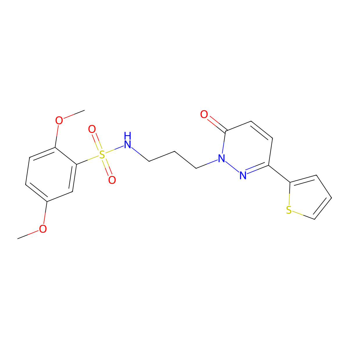 2,5-dimethoxy-N-{3-[6-oxo-3-(thiophen-2-yl)-1,6-dihydropyridazin-1-yl]propyl}benzene-1-sulfonamide molecular structure, CAS 1040670-13-0