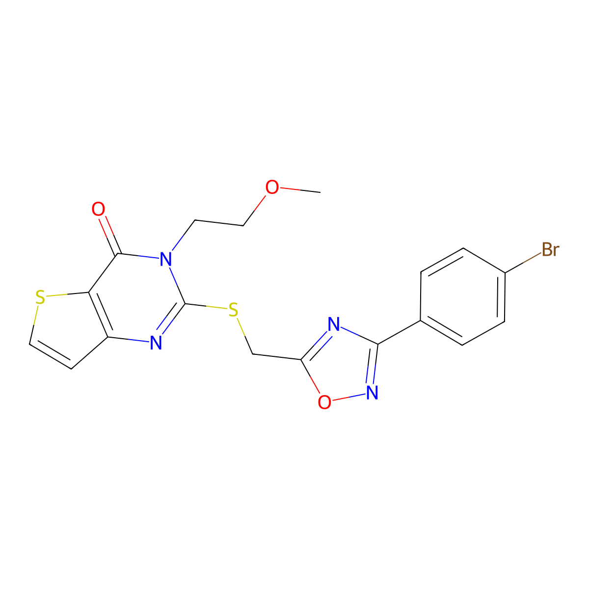 2-(((3-(4-bromophenyl)-1,2,4-oxadiazol-5-yl)methyl)thio)-3-(2-methoxyethyl)thieno[3,2-d]pyrimidin-4(3H)-one molecular structure, CAS 1040670-31-2