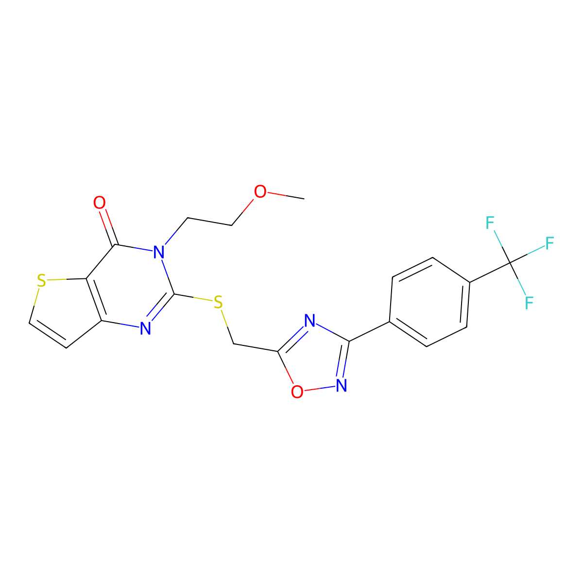 3-(2-methoxyethyl)-2-[({3-[4-(trifluoromethyl)phenyl]-1,2,4-oxadiazol-5-yl}methyl)sulfanyl]-3H,4H-thieno[3,2-d]pyrimidin-4-one molecular structure, CAS 1040670-38-9
