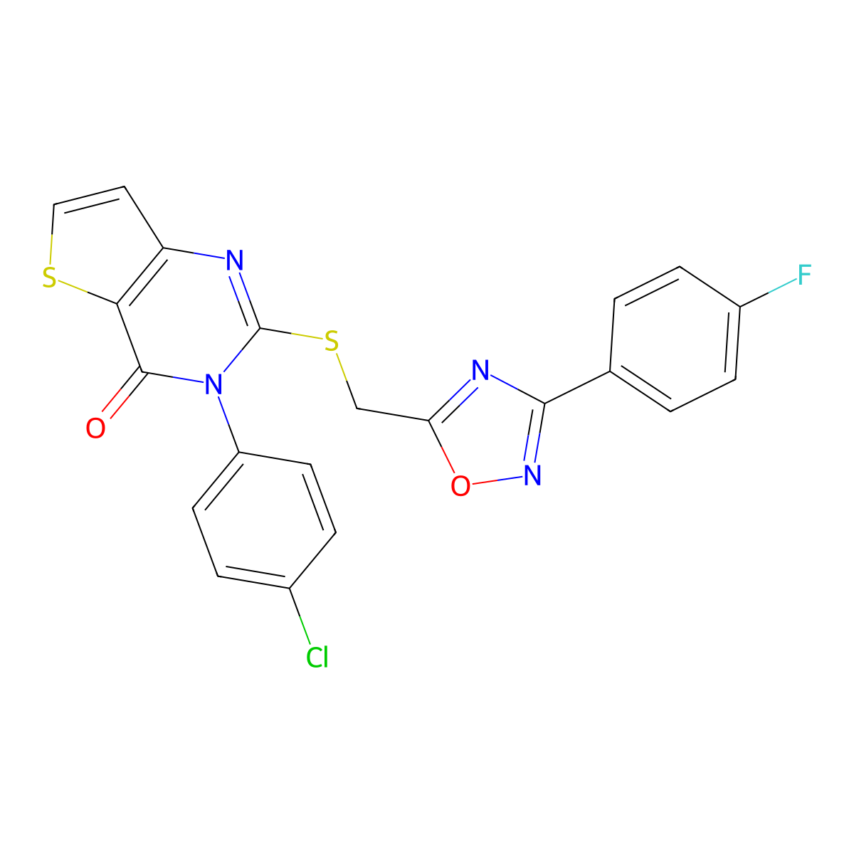 3-(4-chlorophenyl)-2-(((3-(4-fluorophenyl)-1,2,4-oxadiazol-5-yl)methyl)thio)thieno[3,2-d]pyrimidin-4(3H)-one molecular structure, CAS 1040670-43-6