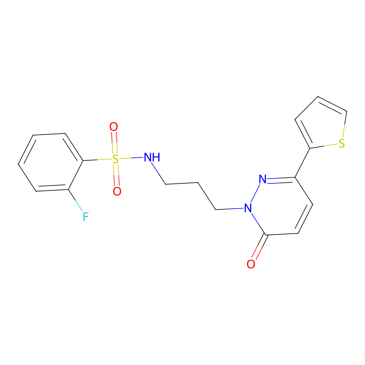 2-fluoro-N-{3-[6-oxo-3-(thiophen-2-yl)-1,6-dihydropyridazin-1-yl]propyl}benzene-1-sulfonamide molecular structure, CAS 1040670-46-9