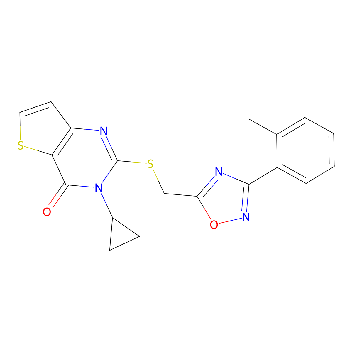 3-cyclopropyl-2-({[3-(2-methylphenyl)-1,2,4-oxadiazol-5-yl]methyl}sulfanyl)-3H,4H-thieno[3,2-d]pyrimidin-4-one molecular structure, CAS 1040670-52-7
