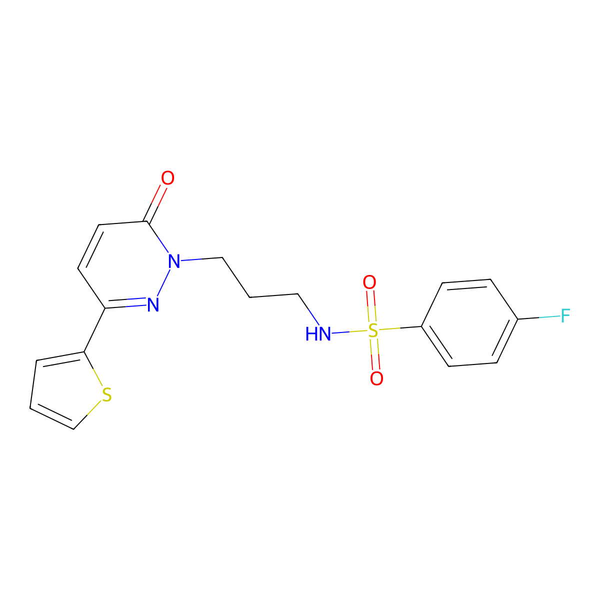 4-fluoro-N-{3-[6-oxo-3-(thiophen-2-yl)-1,6-dihydropyridazin-1-yl]propyl}benzene-1-sulfonamide molecular structure, CAS 1040670-53-8