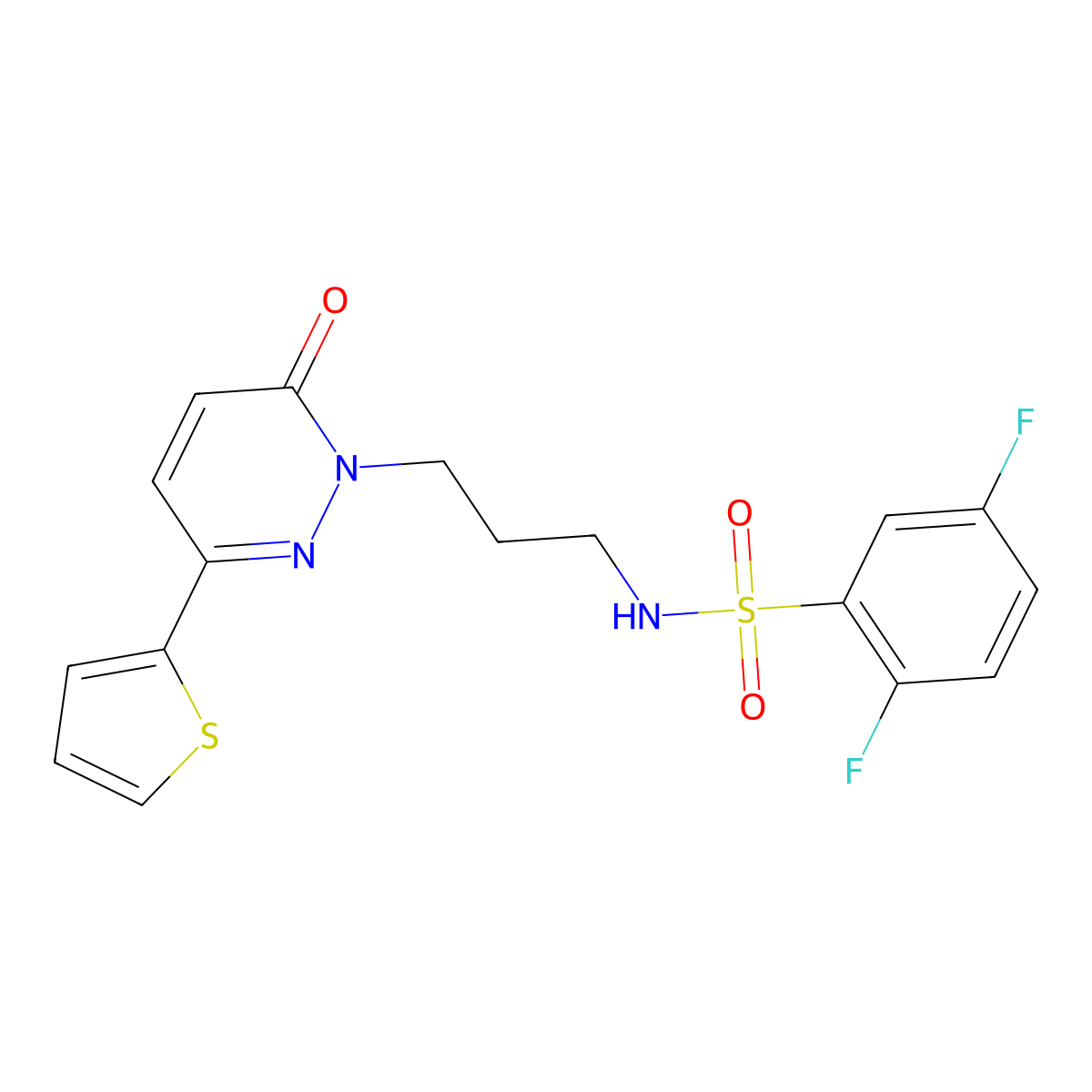 2,5-difluoro-N-{3-[6-oxo-3-(thiophen-2-yl)-1,6-dihydropyridazin-1-yl]propyl}benzene-1-sulfonamide molecular structure, CAS 1040670-60-7