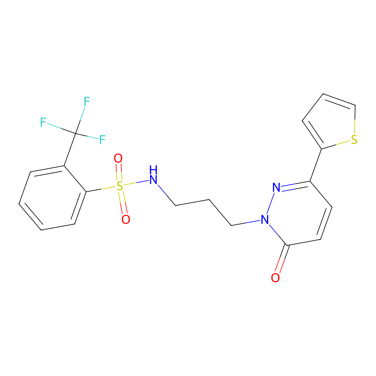 N-{3-[6-oxo-3-(thiophen-2-yl)-1,6-dihydropyridazin-1-yl]propyl}-2-(trifluoromethyl)benzene-1-sulfonamide molecular structure, CAS 1040670-96-9