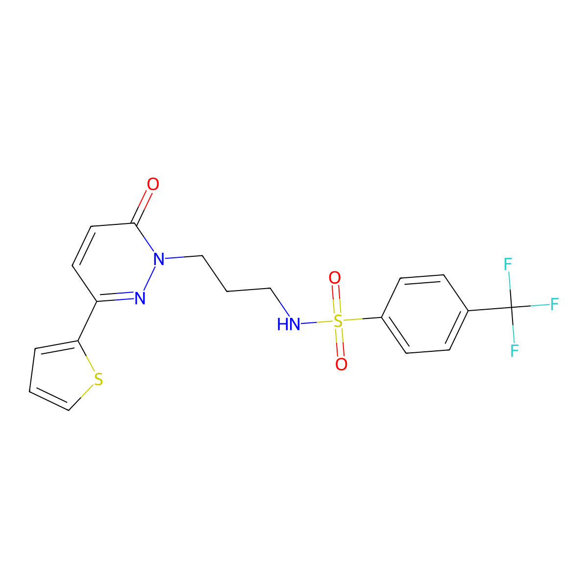 N-{3-[6-oxo-3-(thiophen-2-yl)-1,6-dihydropyridazin-1-yl]propyl}-4-(trifluoromethyl)benzene-1-sulfonamide molecular structure, CAS 1040671-10-0