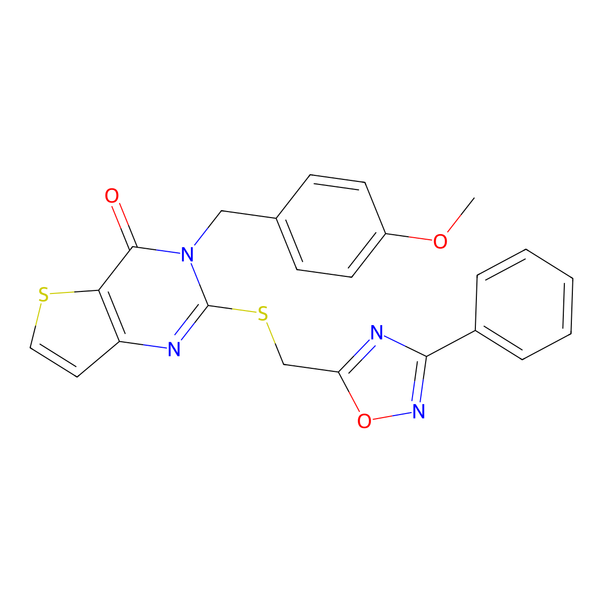 3-[(4-methoxyphenyl)methyl]-2-{[(3-phenyl-1,2,4-oxadiazol-5-yl)methyl]sulfanyl}-3H,4H-thieno[3,2-d]pyrimidin-4-one molecular structure, CAS 1040671-31-5