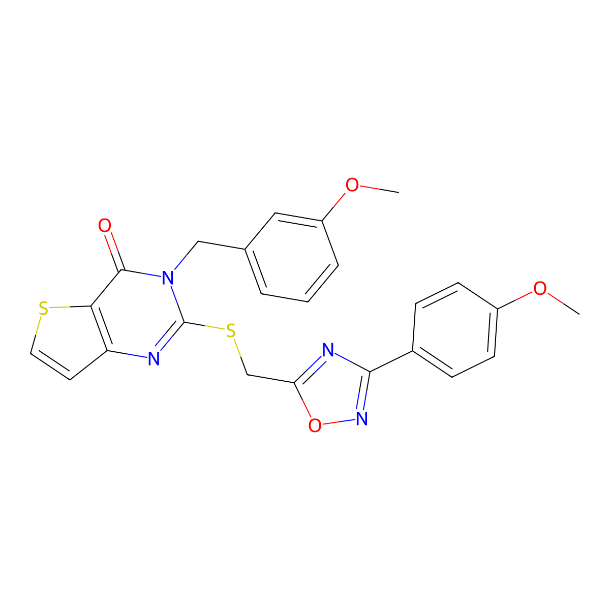 2-({[3-(4-methoxyphenyl)-1,2,4-oxadiazol-5-yl]methyl}sulfanyl)-3-[(3-methoxyphenyl)methyl]-3H,4H-thieno[3,2-d]pyrimidin-4-one molecular structure, CAS 1040671-82-6