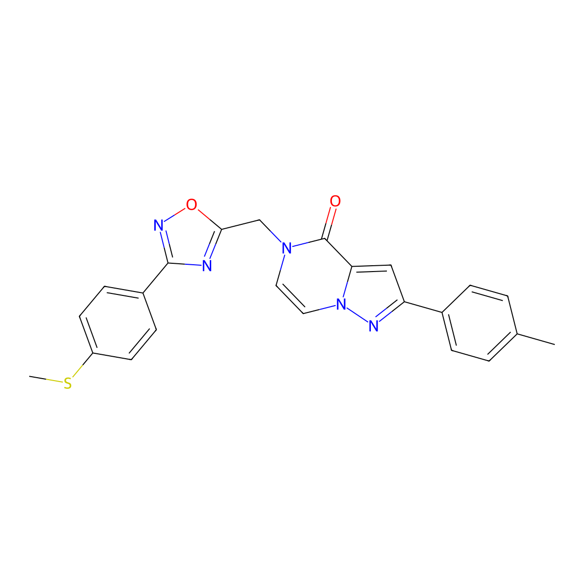 2-(4-methylphenyl)-5-({3-[4-(methylsulfanyl)phenyl]-1,2,4-oxadiazol-5-yl}methyl)-4H,5H-pyrazolo[1,5-a]pyrazin-4-one molecular structure, CAS 1040672-07-8