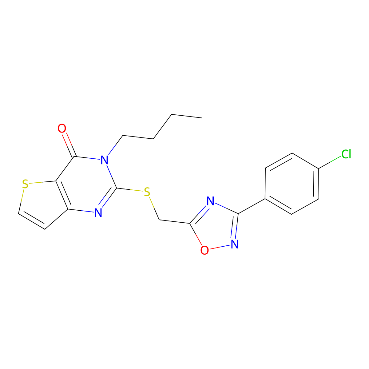 3-butyl-2-(((3-(4-chlorophenyl)-1,2,4-oxadiazol-5-yl)methyl)thio)thieno[3,2-d]pyrimidin-4(3H)-one molecular structure, CAS 1040672-22-7