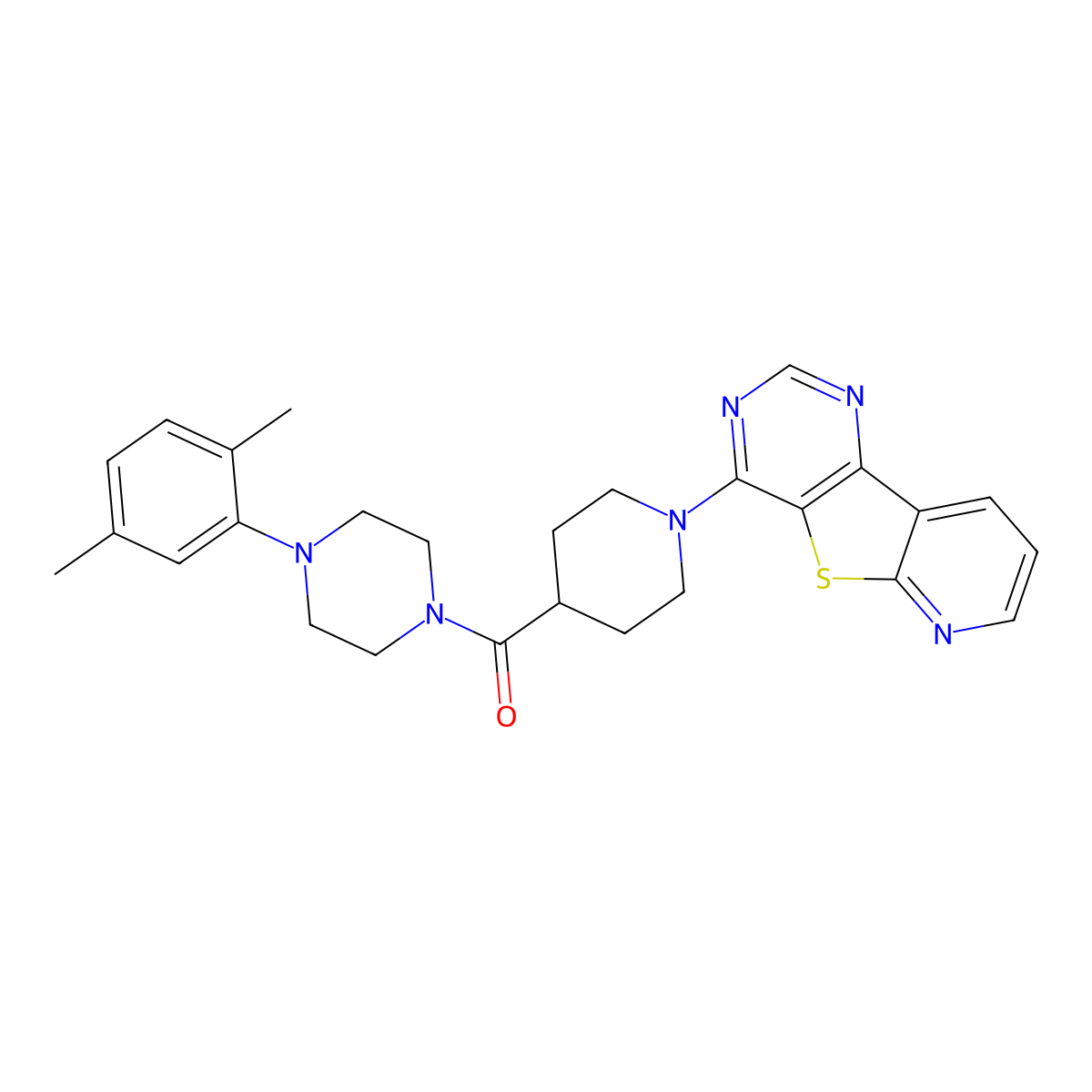 6-{4-[4-(2,5-Dimethylphenyl)piperazine-1-carbonyl]piperidin-1-yl}-8-thia-3,5,10-triazatricyclo[7.4.0.0^{2,7}]trideca-1(13),2(7),3,5,9,11-hexaene molecular structure, CAS 1040673-05-9