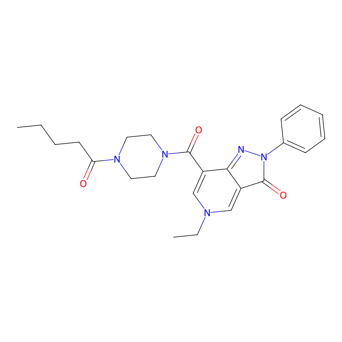 5-ethyl-7-(4-pentanoylpiperazine-1-carbonyl)-2-phenyl-2H-pyrazolo[4,3-c]pyridin-3(5H)-one molecular structure, CAS 1040673-23-1