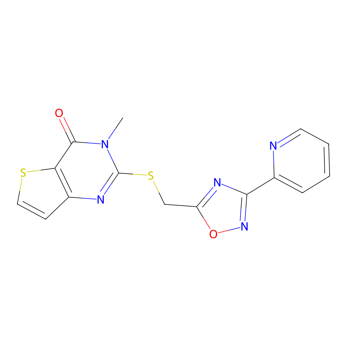 3-methyl-2-({[3-(pyridin-2-yl)-1,2,4-oxadiazol-5-yl]methyl}sulfanyl)-3H,4H-thieno[3,2-d]pyrimidin-4-one molecular structure, CAS 1040673-36-6