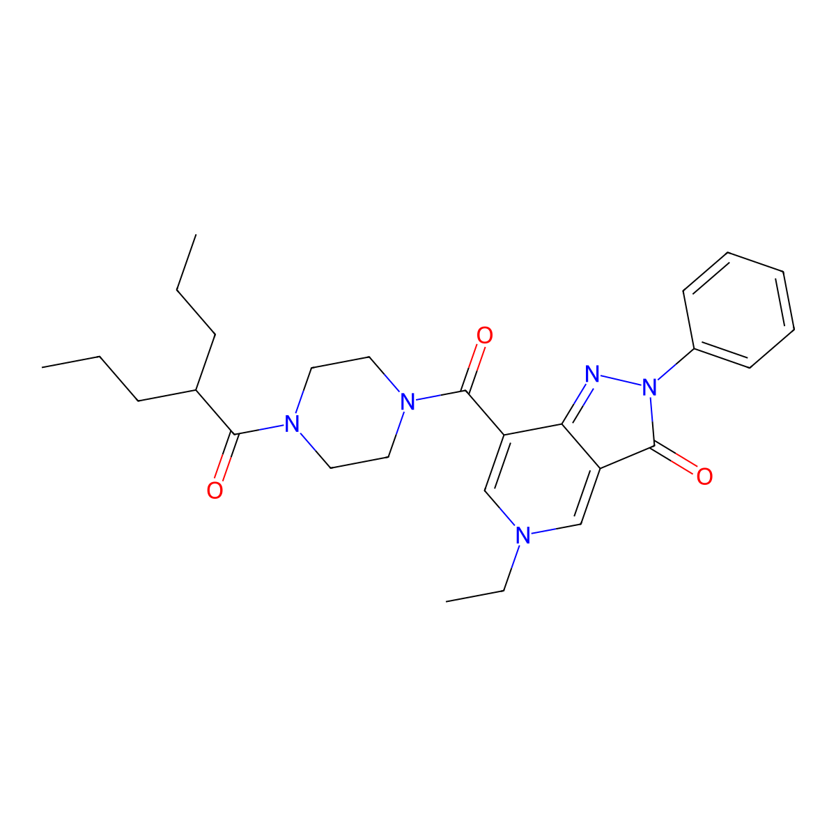 5-ethyl-2-phenyl-7-(4-(2-propylpentanoyl)piperazine-1-carbonyl)-2H-pyrazolo[4,3-c]pyridin-3(5H)-one molecular structure, CAS 1040673-39-9