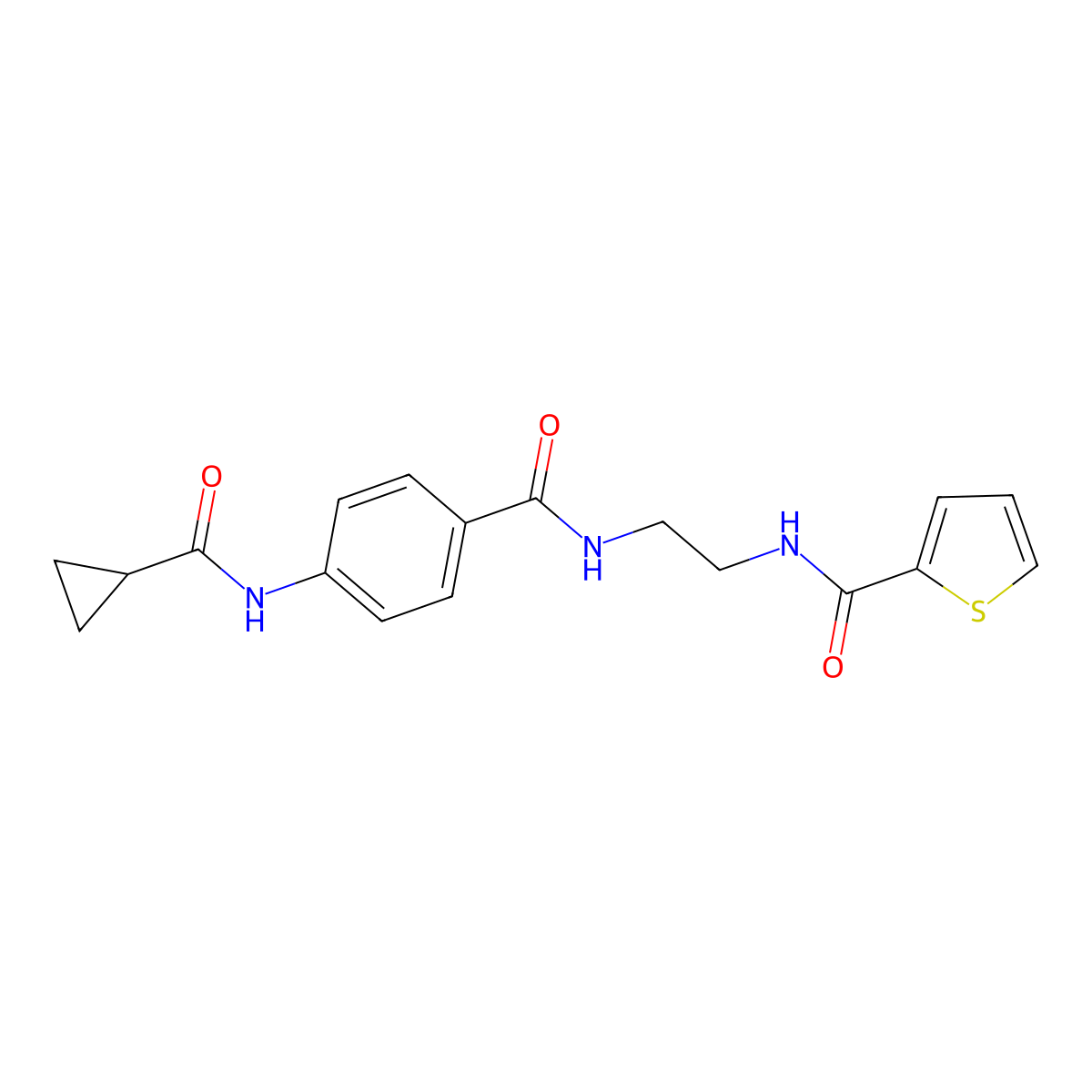 4-cyclopropaneamido-N-{2-[(thiophen-2-yl)formamido]ethyl}benzamide molecular structure, CAS 1040674-05-2