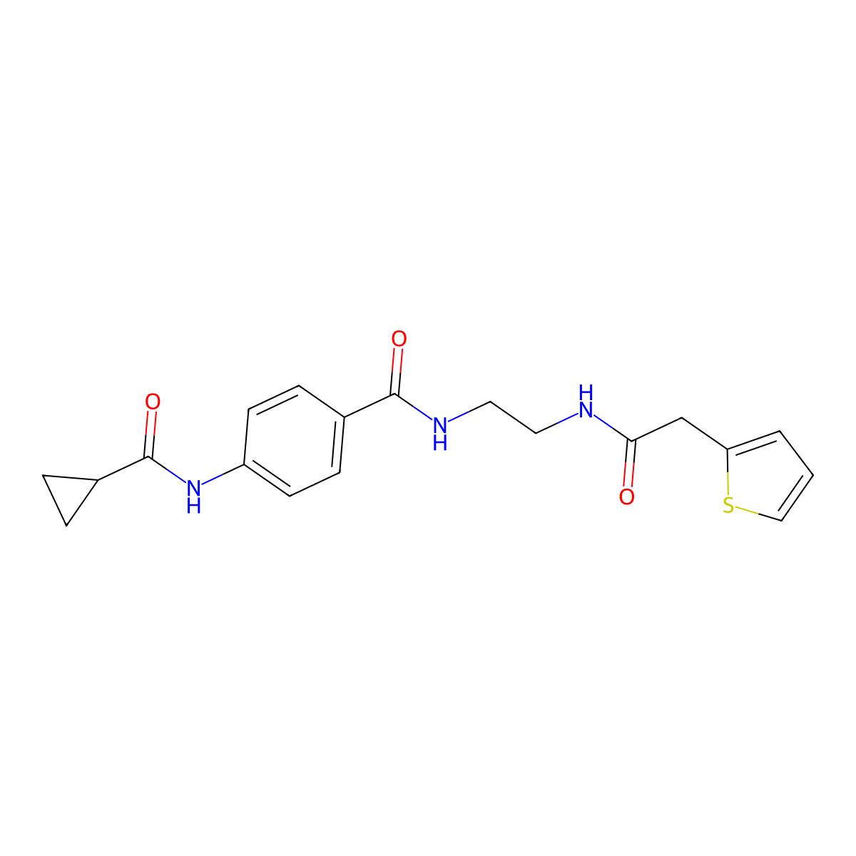 N-[4-({2-[2-(thiophen-2-yl)acetamido]ethyl}carbamoyl)phenyl]cyclopropanecarboxamide molecular structure, CAS 1040674-21-2
